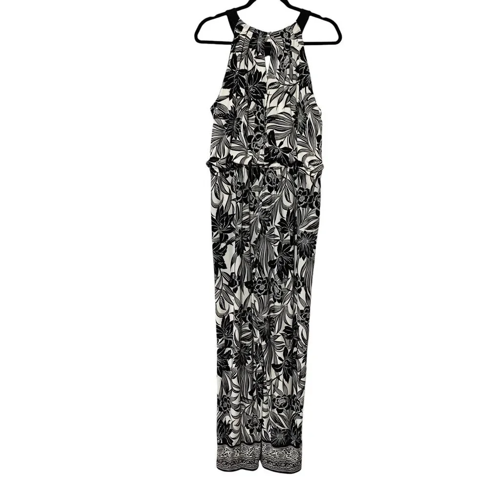Chico’s Size 3 Marissa Jumpsuit Sleeveless Black White Graphic Floral Size XL 16 - Picture 3 of 16